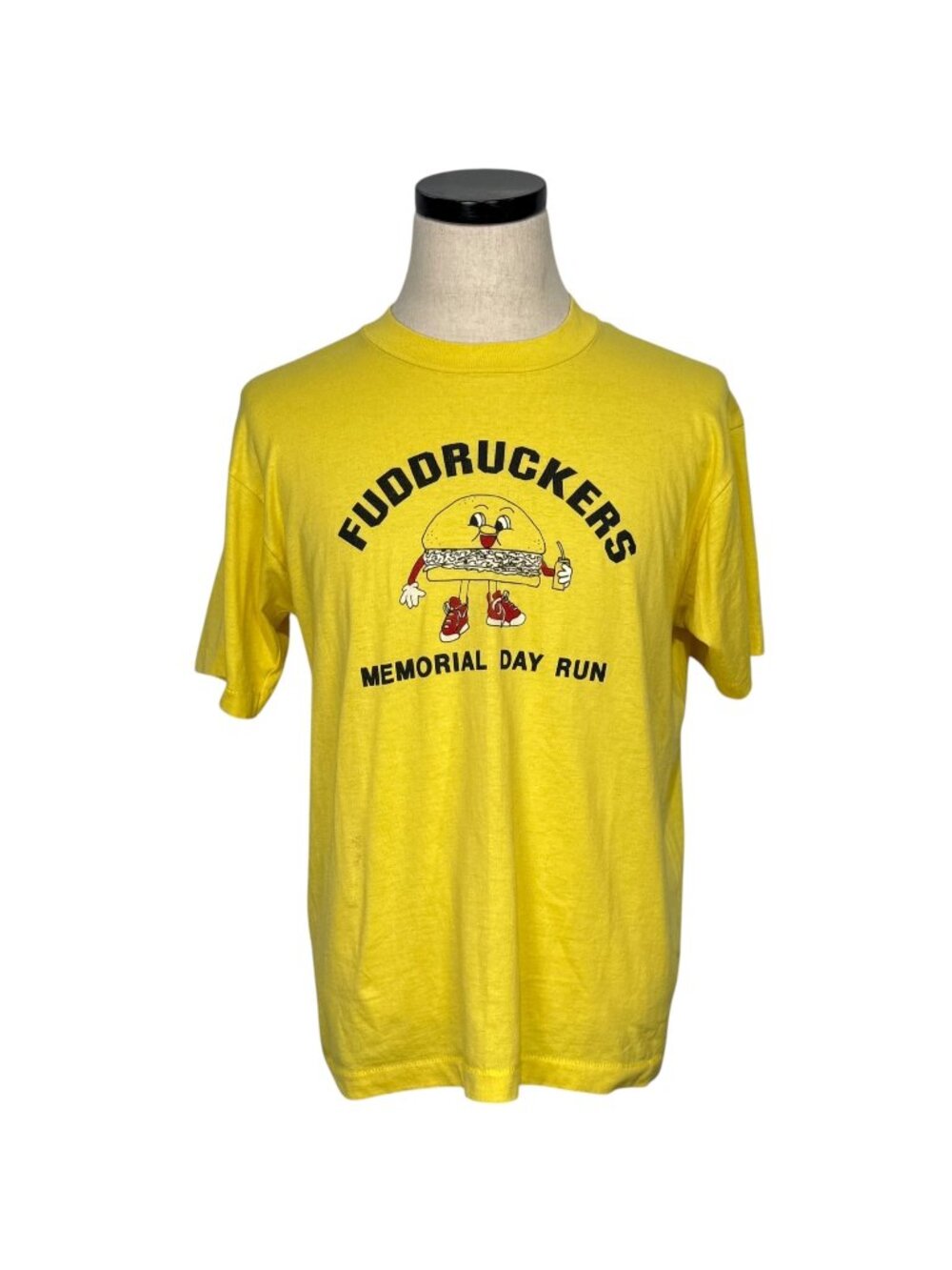 Vintage 80s Fuddruckers Memorial Day Run T-Shirt Yellow Graphic Tee Large